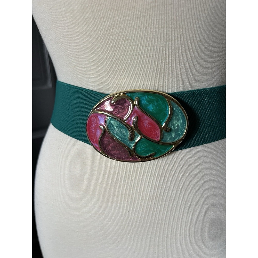 Vintage 80s Stretch wide elastic Belt Enamel Buckle Teal Pink Statement Medium